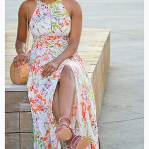 Abel the label floral dress light pink midi dress high slit elastic waist